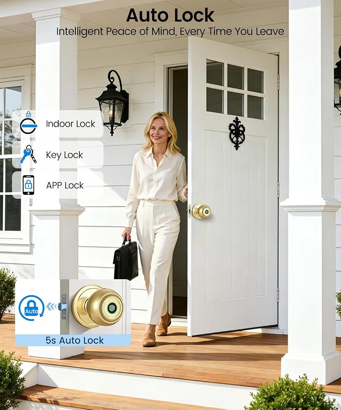Smart Door Knob with Lock,Keyless Entry Fingerprint Door Lock,Bright Brass | Smart Lock with Auto-Lock , App, Key, Fingerprint Door Locks for Front Door, Garage, Apartment, Hotel, Interior, Exterior