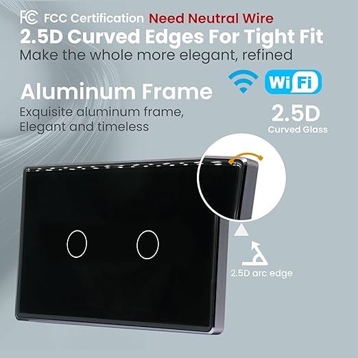 Smart Switch Aluminum Frame,2.5D Glass Panel,4.65 X 2.83 X 1.26 Inches,Need Neutral Wire,2.4GHz WiFi,Work with Tuya/Smart Life,App/Voice Control,Black 2 Button