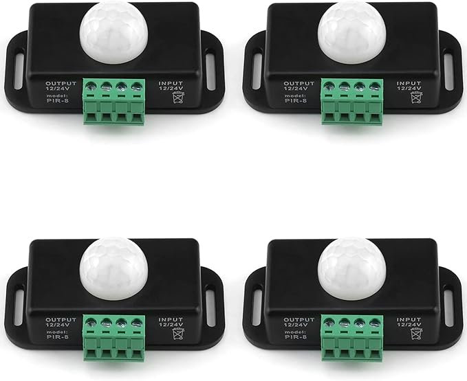 QWORK Motion Sensor LED Switch (4 Pack) with Timer Function, 12-24V, 6A, 5-8M Induction Distance, 1-10 Min Adjustable Delay Time, 60 Degree Field of View