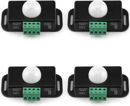 QWORK Motion Sensor LED Switch (4 Pack) with Timer Function, 12-24V, 6A, 5-8M Induction Distance, 1-10 Min Adjustable Delay Time, 60 Degree Field of View