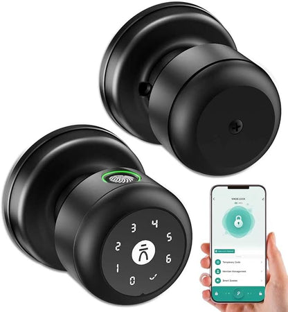 Smart Door Knob with Lock,Keyless Entry Fingerprint Door Lock,Morden Black | Smart Lock with Auto-Lock , App, Key, Fingerprint Door Locks with Keypad for Front Door, Apartment, Hotel, Interior, Exterior