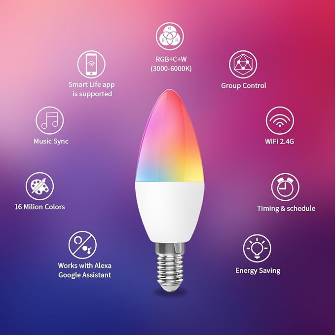 C37E12 LED Bulb,Wi-Fi Smart LED Light Bulb, Dimmable(3000-6000K), Remote Control,Decorative Candle Lamp for Stage Home Decor, 4Pack