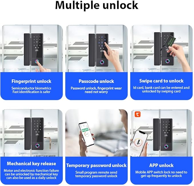 Smart Lock Glass Door Lock WiFi Remote Unlocking TY APP Fingerprint Password IC Card Mechanical Key Unlocking Methods Door Lock Interchangeable Lock Body Direction for 10-12mm Thickness