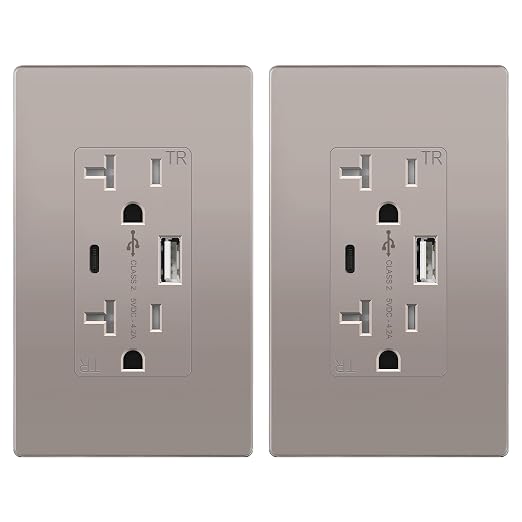 TOPGREENER 2-Port USB Outlet, 4.2A Type C USB Wall Outlet, Nickel, 2 Pack | UL Listed, 20 Amp Tamper-Resistant USB Outlets Receptacles, Charging Power Outlet with USB C & A Ports, Wall Plate Included