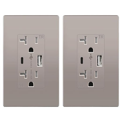 TOPGREENER 2-Port USB Outlet, 4.2A Type C USB Wall Outlet, Nickel, 2 Pack | UL Listed, 20 Amp Tamper-Resistant USB Outlets Receptacles, Charging Power Outlet with USB C & A Ports, Wall Plate Included