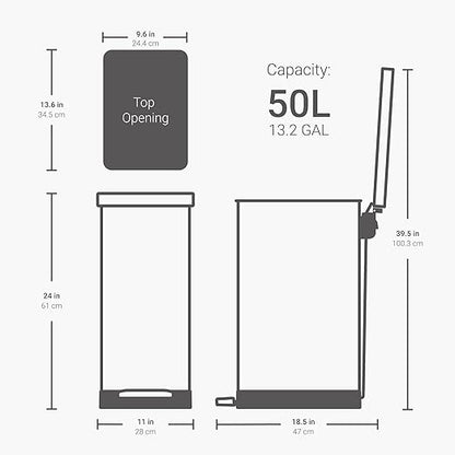 QUALIAZERO 50L / 13 Gallon Stainless Steel Step-On Kitchen Trash Can Soft-Close Lid, Fingerprint-Resistant, Removable Liner, Slim Shape Modern Design for Home, Office, Commercial Space