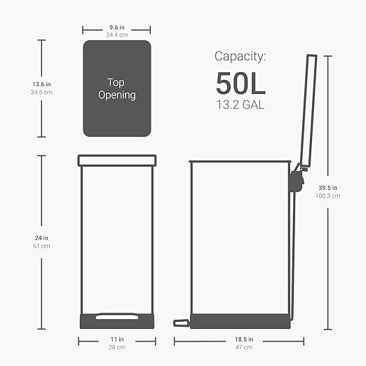 QUALIAZERO 50L / 13 Gallon Stainless Steel Step-On Kitchen Trash Can Soft-Close Lid, Fingerprint-Resistant, Removable Liner, Slim Shape Modern Design for Home, Office, Commercial Space
