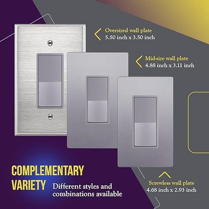 ENERLITES Elite Series Decorator Rocker Light Switch, 15A 120V/277V, Gloss Finish, Single Pole, 3 Wire, Grounding Screw, Residential Grade, UL Listed, 91150-SV, Silver Color (10 Pack)