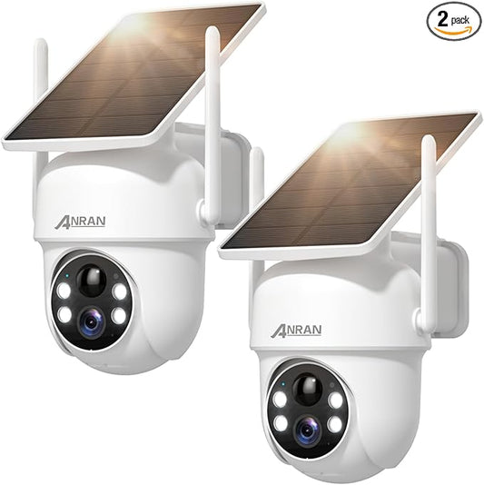 ANRAN Solar Security Cameras Wireless Outdoor,2K Cameras for Home Security with Fixed Solar Panel, 360° PTZ for Home Surveillance,2.4G WiFi, PIR Human Detection, 3MP Color Night Vision, 2 Pack