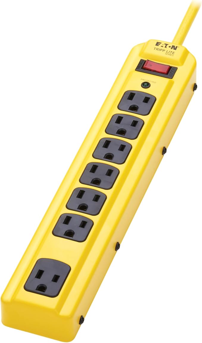 Eaton Tripp Lite Series TLM704SA Heavy Duty Power Strip with Surge Protection, 7 Outlets, 450 Joules, 4ft Cord, Yellow Metal Housing, Under Desk & Wall Mountable, Cord Wrap, Industrial Garage Shop