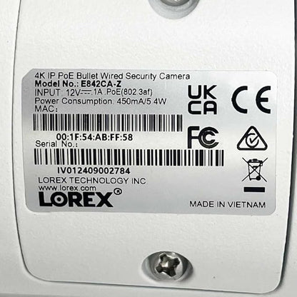 Lorex 4K 8MP IP Bullet PoE White Wired Security Camera | Add-On Camera | Color Night Vision | Smart Motion Detection (Person/Vehicle) | Listen-in Audio | IP67 Weatherproof | Metal Housing