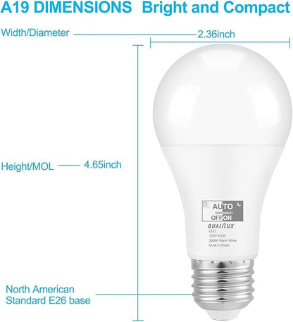 Qualilux Dusk to Dawn LED Light Bulbs Outdoor, Automatic On/Off, 60W Equivalent, Warm White 3000K, Energy Efficient 9.5W, 850 Lumen, A19, E26 Base, 2-Pack, HQ-H007