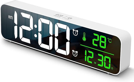 Digital Clock, Clock for Bedroom, Clocks for Living Room Decor, Desk Table Clock, Alarm Clock Large Display with Date Week Temperature, Automatic Brightness Dimmer, Smart Cool Modern (White green)