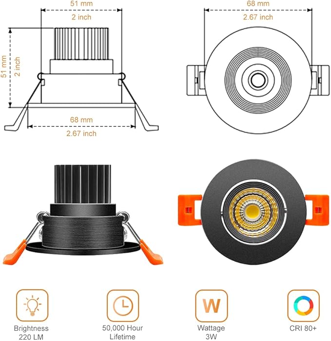 2Inch LED Recessed Ceiling Light, 3W Dimmable LED Downlight, 60 Beam Angle COB Recessed Lights with Driver, Warm White 3000K-3500K, 25W Halogen Bulbs Equivalent for Ceiling LigShting, Black 1Pack