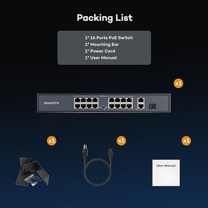 ONWOTE 16 Ports Ethernet PoE Switch @ 300W, 2 x Uplink Gigabit RJ45 Ports, 1 x SFP Slot, Support 4K 8MP 5MP PoE IP Security Cameras, Add-on PoE Injector to PoE NVR System