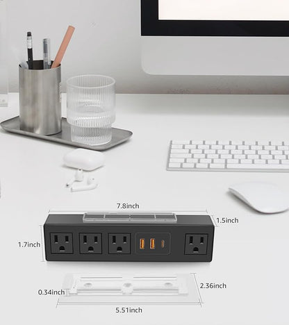 HHSOET Under Desk Power Strip with 3M Adhesive, Removable Under Desktop Mount Plug with 30W Fast Charging USB C and USB A Ports, 4 Outlet Under Table Surge Protector 1200J, 6FT Extension Cord. (Black)