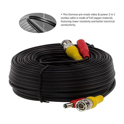 BNC Video Power Cable, 60ft All-in-One Video HD-TVI HD-CVI AHD Analog 1080p Black Premade Power Cable w/Connectors for CCTV Security Cameras - Black