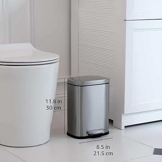 Amazon Basics MINI Trash Can, 1.32 Gallon (5L) Smudge Resistant Rectangular Bin with Soft-Close Lid, Step Foot Pedal, Removable Inner Bucket, Brushed Stainless Steel, for Bathroom, Satin Nickel Finish
