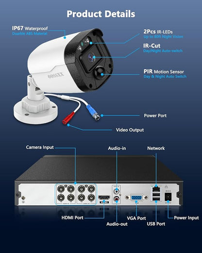 OOSSXX (2026 Update) 5MP Wired Security Camera System Outdoor, 8CH DVR (No Hard Drive), 4 x 122° Wide Angle Home Surveillance Cameras, IP67 Waterproof, Free App No Monthly Fee, Remote Control