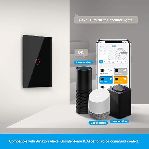 LIVOLO WiFi Touch Wall Switch for Smart Home, Compatible with Alexa & Google Home, Neutral Wire Required, 1 Gang, Tempered Glass Panel, (Black)