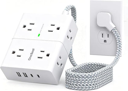 One Beat Surge Protector Power Strip, 6 Ft Ultra Thin Flat Extension Cord with 8 Outlets 4 USB Ports(2 USB C), Flat Plug Power Strip, Braided Power Strip for Home, Office, Dorm Room Essentials