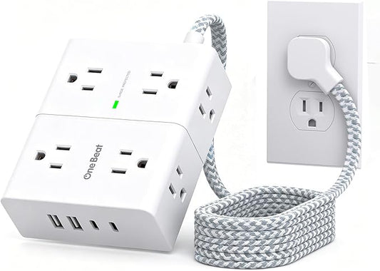 One Beat Surge Protector Power Strip, 6 Ft Ultra Thin Flat Extension Cord with 8 Outlets 4 USB Ports(2 USB C), Flat Plug Power Strip, Braided Power Strip for Home, Office, Dorm Room Essentials