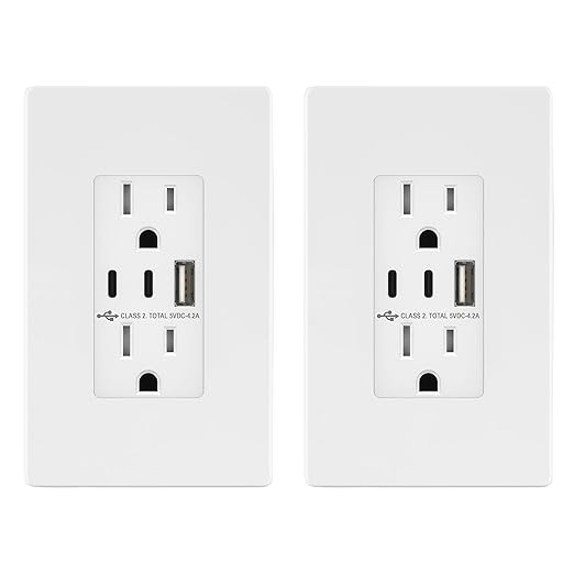 TOPGREENER 4.2A 3-Port Type C USB Outlet, 15 Amp Receptacle Plug, Charging Power Outlet with Dual Type C&A Ports, Screwless Wall Plate Included, UL Listed, TU21542AC2-WSID, White, 2 Pack