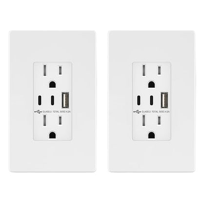 TOPGREENER 4.2A 3-Port Type C USB Outlet, 15 Amp Receptacle Plug, Charging Power Outlet with Dual Type C&A Ports, Screwless Wall Plate Included, UL Listed, TU21542AC2-WSID, White, 2 Pack