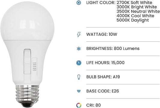Feit Electric A19 LED Light Bulb, 60W Equiv, Non-Dimmable, Selectable Color Temperatures (2700K-5000K), 800 Lumens, General Purpose Light Bulbs, 17,000-Hour Lifetime, OM60/5CCT/15KLED/10, 10 Pack