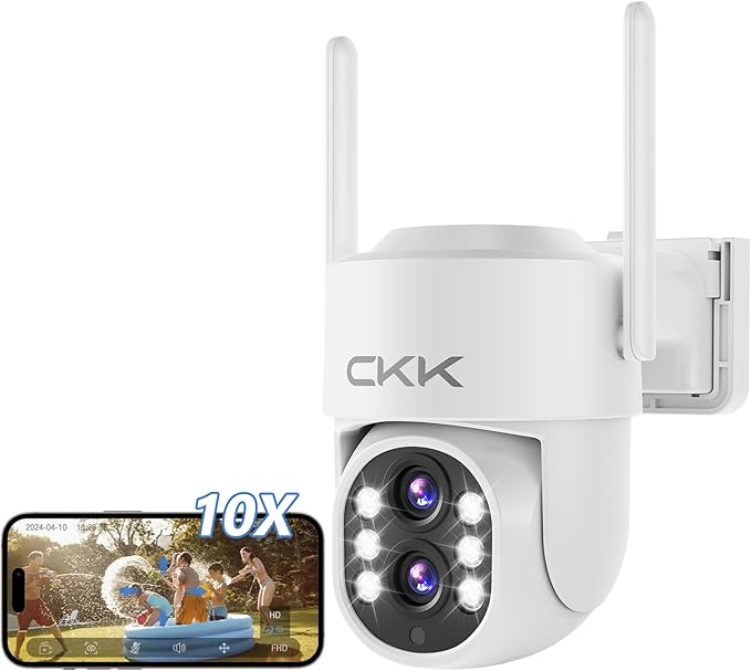 CKK 2MP Dual Lens Camera,Wireless WiFi 2.4/5GHz Outdoor Security Cameras Plug&Play for 10X Zoom Pan&Tilt 360°,AI Motion Detection/Light Alarm, 24/7 Recording, Work w/Alex