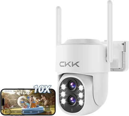 CKK 2MP Dual Lens Camera,Wireless WiFi 2.4/5GHz Outdoor Security Cameras Plug&Play for 10X Zoom Pan&Tilt 360°,AI Motion Detection/Light Alarm, 24/7 Recording, Work w/Alex
