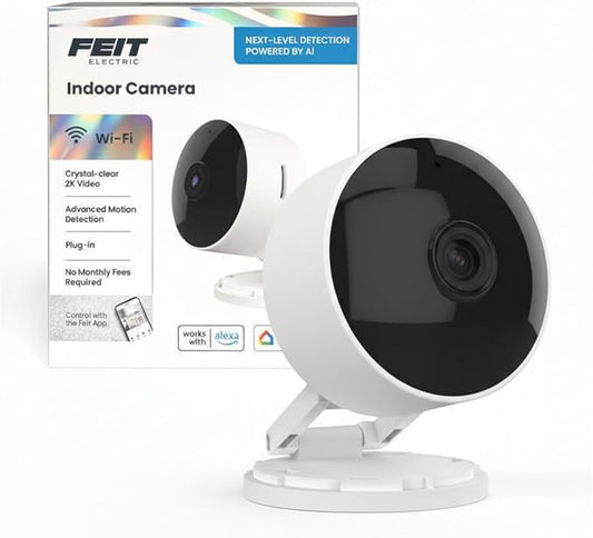 Feit Electric Indoor Security Camera, 2K WiFi Indoor Camera for Pets & Home Monitoring, AI Motion Detection, Plug-in Camera with Night Vision, Two-Way Audio, Local Storage, Works with Alexa & Google