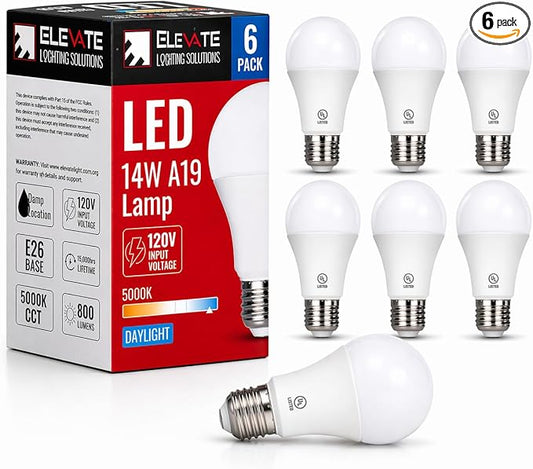 (6 Pack) Elevate LED A19 Light Bulbs, 14W (100W Equivalent), 5000K Daylight, E26 Base, Energy-Efficient Replacement for Lamps, Ceiling Fixtures, Residential & Commercial Use
