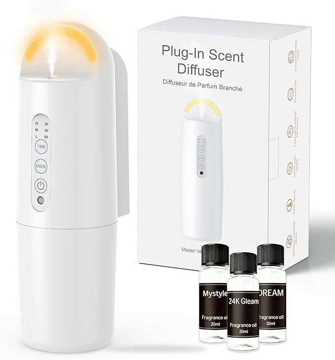 Plug in Waterless Essential Oil Diffuser, Elegant Waterless Scent Diffuser Starter Kit with 24H Smart Timer & Light Sensor, Cover Up to 800 Sq. Ft., Aromatherapy Diffusers for Home, Office, 100ML