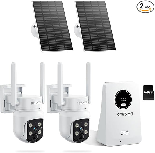 Solar Powered Security Cameras Wireless Outdoor, 4MP Cameras, 2 Cam kit with Color Night Vision, 360° PTZ, with 64G SD Local Recording, No Monthly Fees