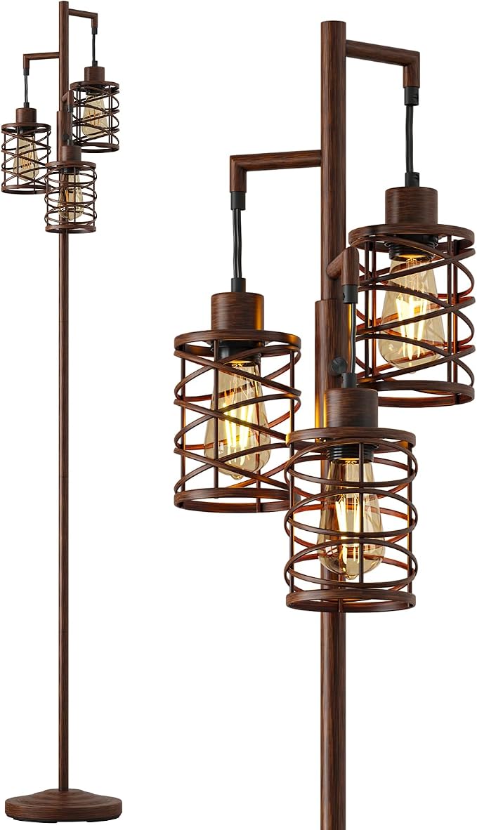 Oneach 70" Industrial Floor Lamp, Stepless Dimmable Standing Lamp with 3 Bulbs, Farmhouse Corner Standing Tree Lamp for Living Room, Tall Lamps for Bedroom, Office, Study Room, Dining Room