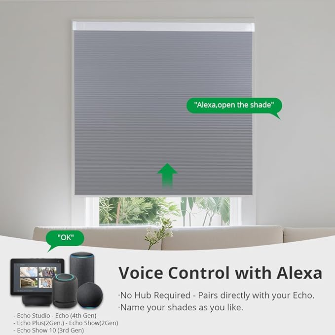 Motorized Cellular Shades with Remote Blackout Honeycomb Smart Blinds Options for Indoor Windows, Remote/Alexa/Matter Compatible, Easy DIY Installation (Gray)
