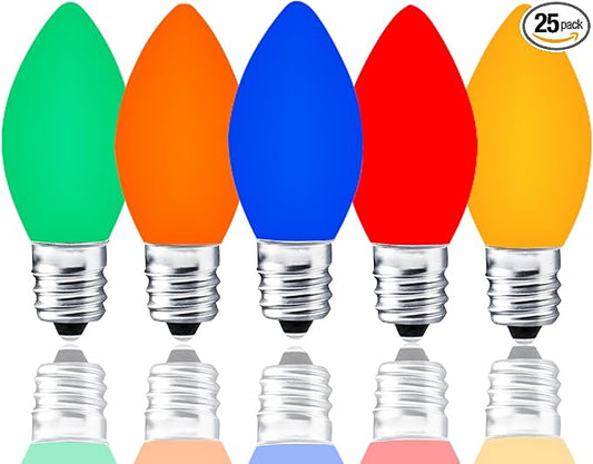 25 Pack C7 Multicolor LED Replaceable Bulbs – Dimmable Multicolor LED Christmas Lights Bulbs, 0.72W Indoor Outdoor Bulbs, Night Light, C7/E12, IP:65