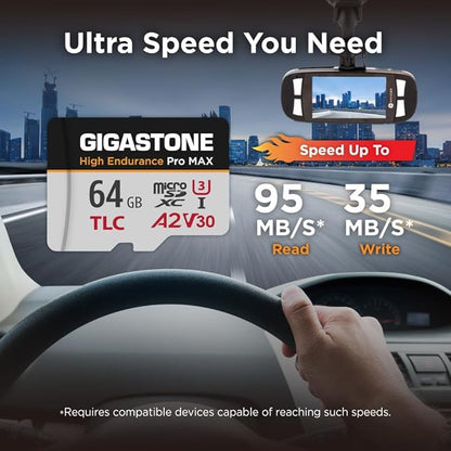 【5 Yrs Free Data Recovery】【Dash Cam】 GIGASTONE 64GB Micro SD Card, TLC High Endurance Pro MAX, Speed Up to 95MB/s, Compatible with REDTIGER Rove VIOFO VANTRUE PRUVEEO, MicroSDXC UHS-I A2 V30 U3