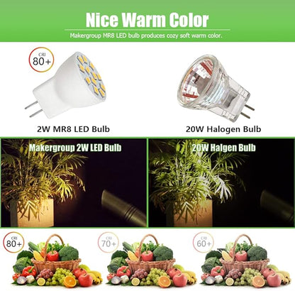 MR8 LED Light Bulbs 2W 12V Gu4.0 Bi-pin LED Bulbs Warm White 2700K-3000K for Outdoor Low Voltage Landscape Lighting and Tree Lights 2W Pack of 2