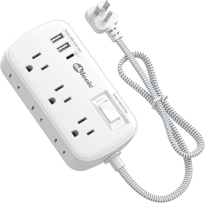 Short Extension Cord 3 Ft - okleeic Small Power Strip Flat Plug Surge Protetor with 6 Outlets & 3 USB (1 USB C) Charging Ports, Multi Plug Wall Outlet Extender for Travel Dorm Room Essentials
