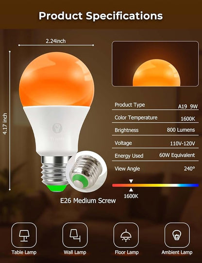 Sleep Light Bulbs Amber 1600K with Remote Control, E26 Blue Light Blocking A19, 9W for Sleep Therapy, Baby Nursery, Bedroom (6 Pack)