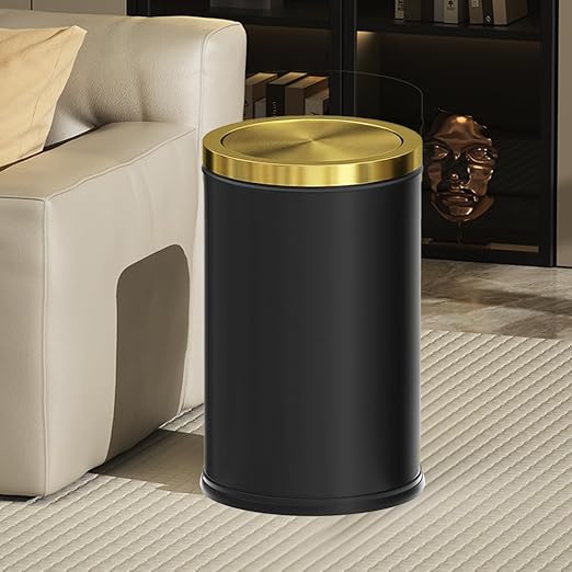Black and Gold Bathroom Trash Can,Bathroom Garbage can with Swing Lid，Small Trash Can with Flipping Lid, 4.8gal Garbage cans for Bedroom,Living Room, Guest Room,Office,Hotel(4.7gal-Black)