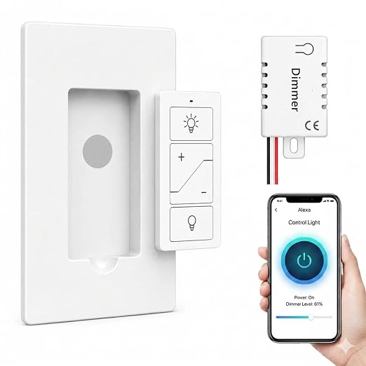 Nexete Smart Wireless Light Switch, Dimmer Switch & Receiver Kit No Wiring Wireless Remote Control,Remote & Voice Control,Bluetooth Work with Amazon Alexa Only, ETL Certified (1 Switch & 1 Receiver)