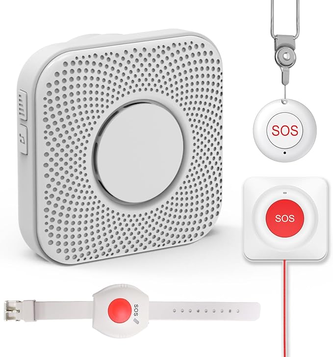 XUK Wireless Caregiver Pager Smart Call System for Elderly Monitoring SOS Alert System Portable Alarm with 1 SOS Call Panic Buttons & 1 Watch Pagers & 1 Square Pull Cord Pagers, 500+Feet 1 Receivers