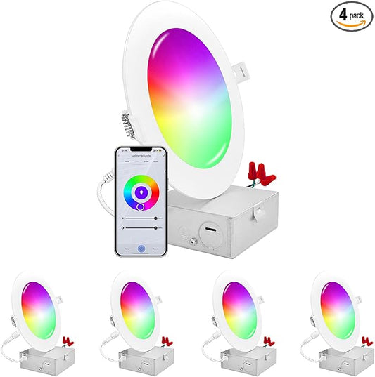 LUXRITE 6 Inch Smart LED Recessed Lighting, RGBW Color Changing, WiFi App and Voice Control, Compatible with Alexa and Google Home, No Hub Required, 13W 1000LM, CRI 90, IC Rated, Wet Rated (4 Pack)