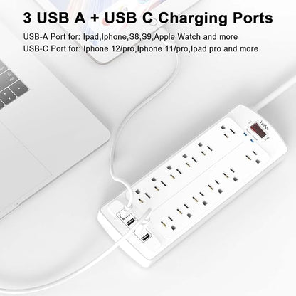 Yintar 6Ft Surge Protector Power Strip with 12 Outlets and 4 USB Ports | 10 Feet Flat Plug Extension Cord with Multiple Outlets for Home, Office, Dorm Essentials, 2700 Joules, ETL, White