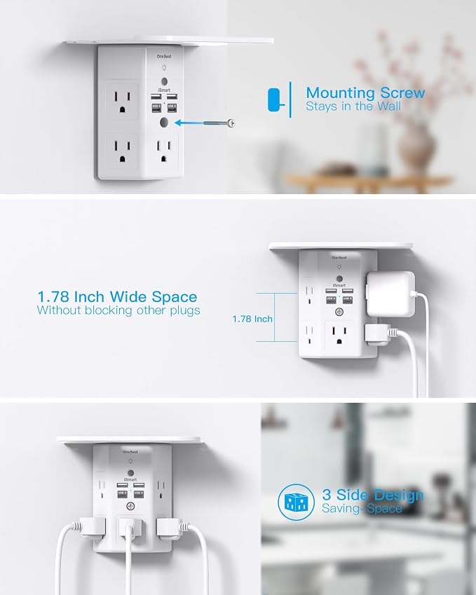 One Beat Surge Protector Wall Outlet Extender, 5 Outlets & 4 USB Ports (2 USB-C) with Night Light & Outlet Shelf, 1680J, 3-Sided Multi Plug Adapter, Wall Mount, ETL Listed for Home Office Travel