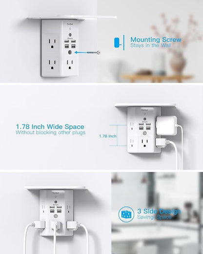 One Beat Surge Protector Wall Outlet Extender, 5 Outlets & 4 USB Ports (2 USB-C) with Night Light & Outlet Shelf, 1680J, 3-Sided Multi Plug Adapter, Wall Mount, ETL Listed for Home Office Travel