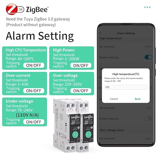TONGOU Zigbee 3.0 Smart Switch| 1‑63A Adjustable DIN Rail 1P+N| Support Tuya/Smart Life Remote Control| Over-Current Protection| Smart Home Real-time Energy Monitoring| Voice Control| FCC Certified